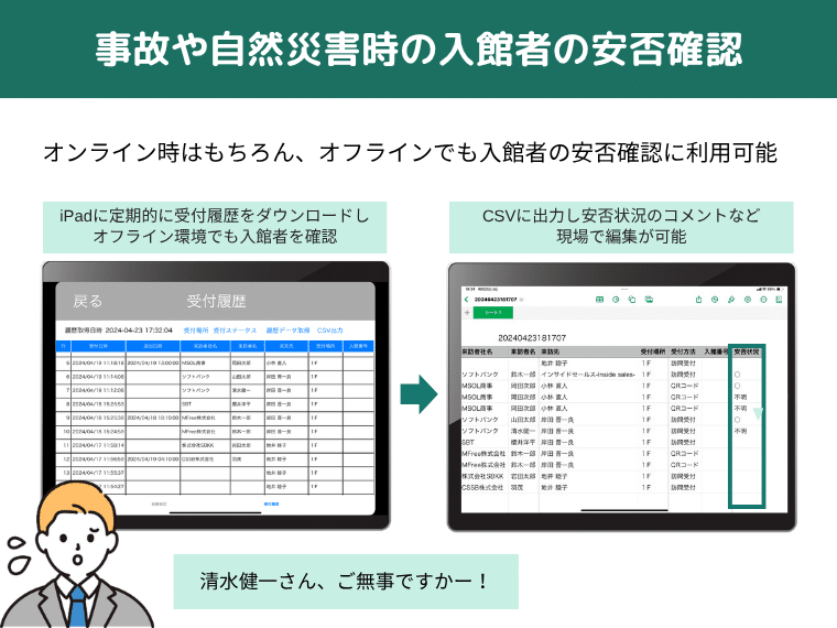 事故や自然災害時の入館者の安否確認